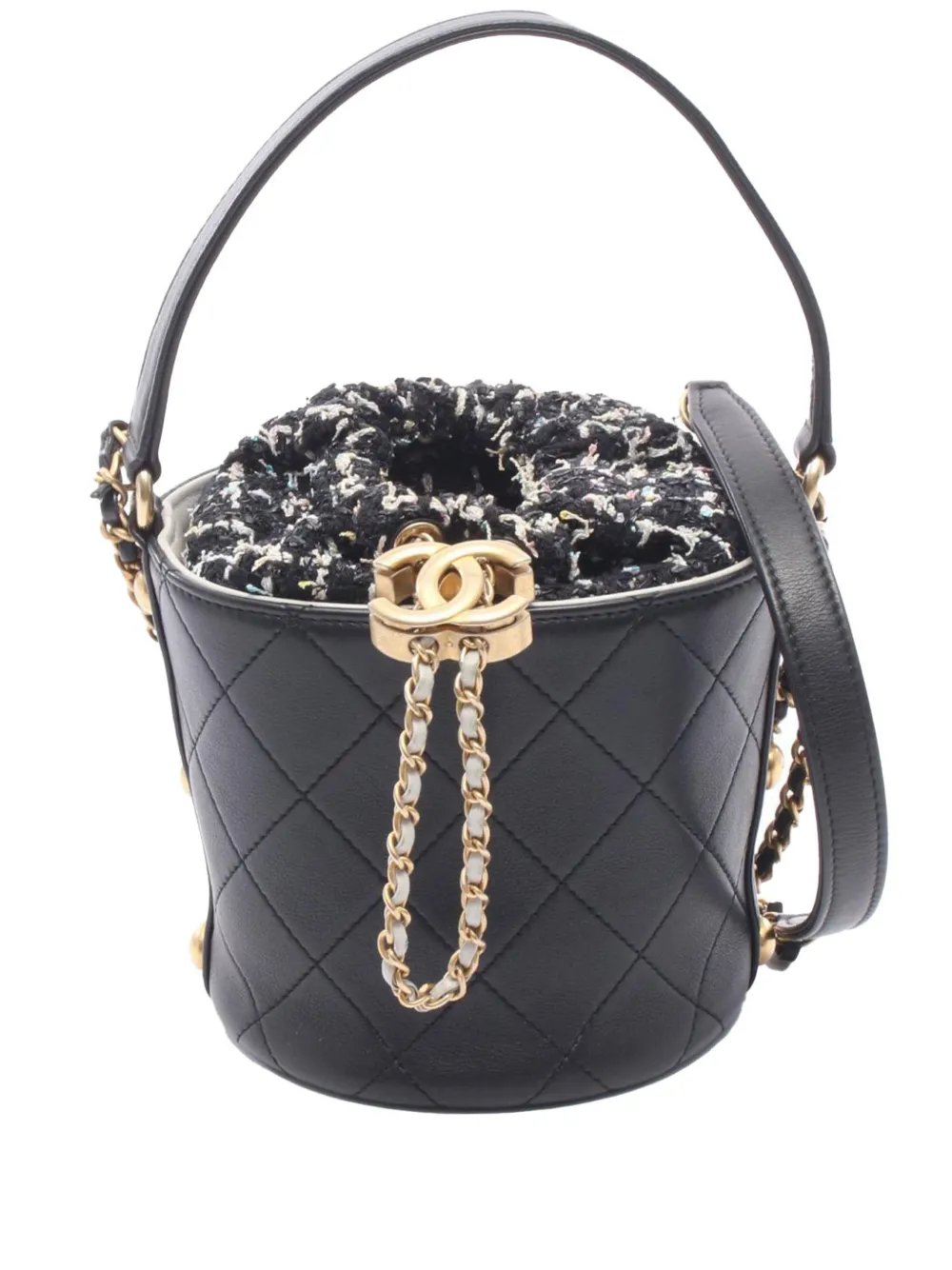 CHANEL Pre-Owned 2019 Small CC Calfskin and Tweed Drawstring Bucket Bag satchel - Nero