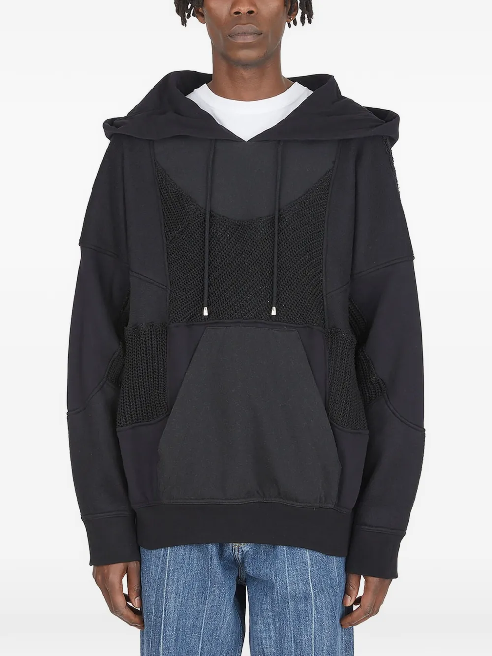 DRx FARMAxY FOR LN-CC crochet-trim patchwork hoodie - Nero