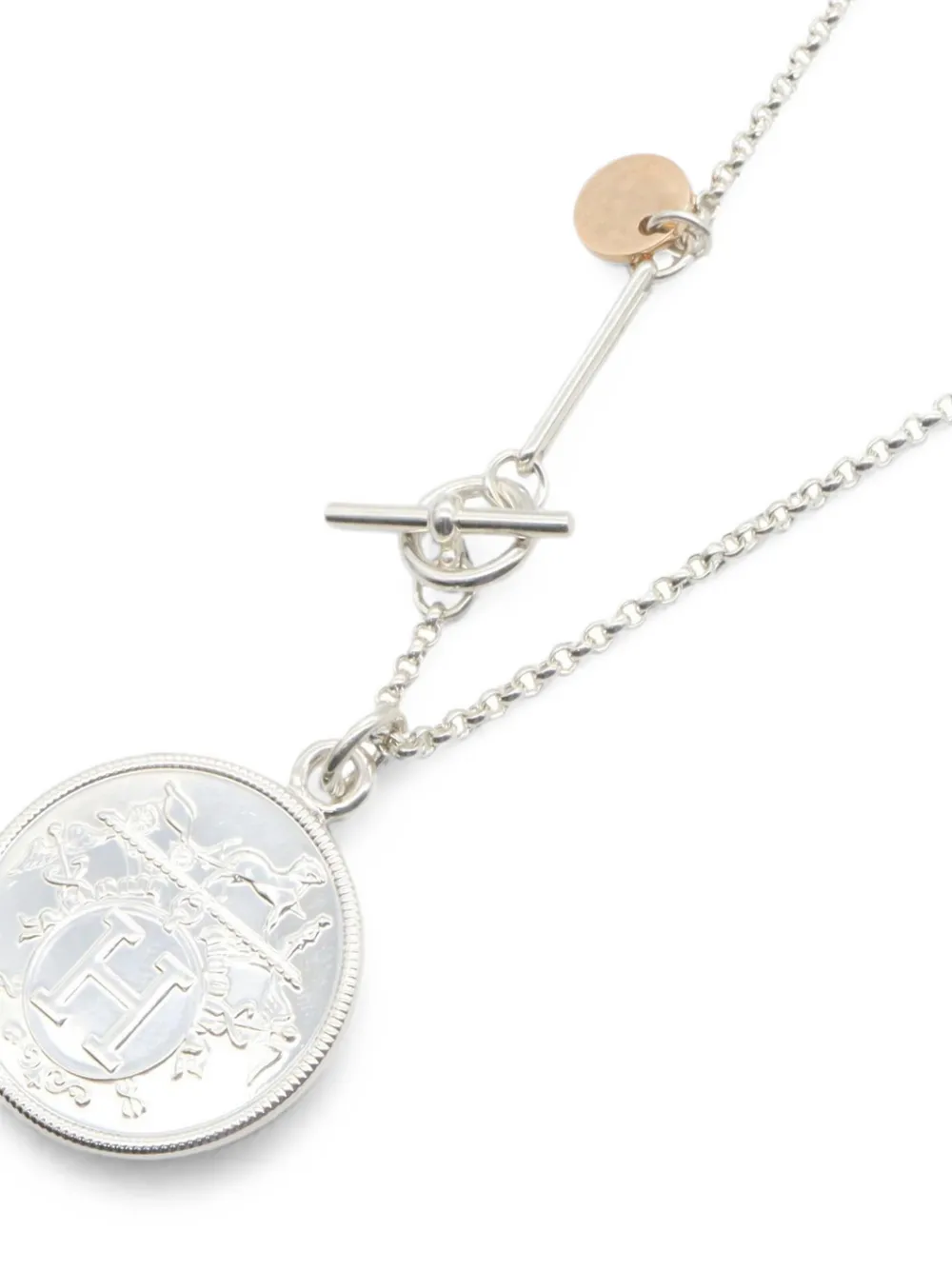 Pre-owned Hermes Ex-libris Pendant Necklace In Silver
