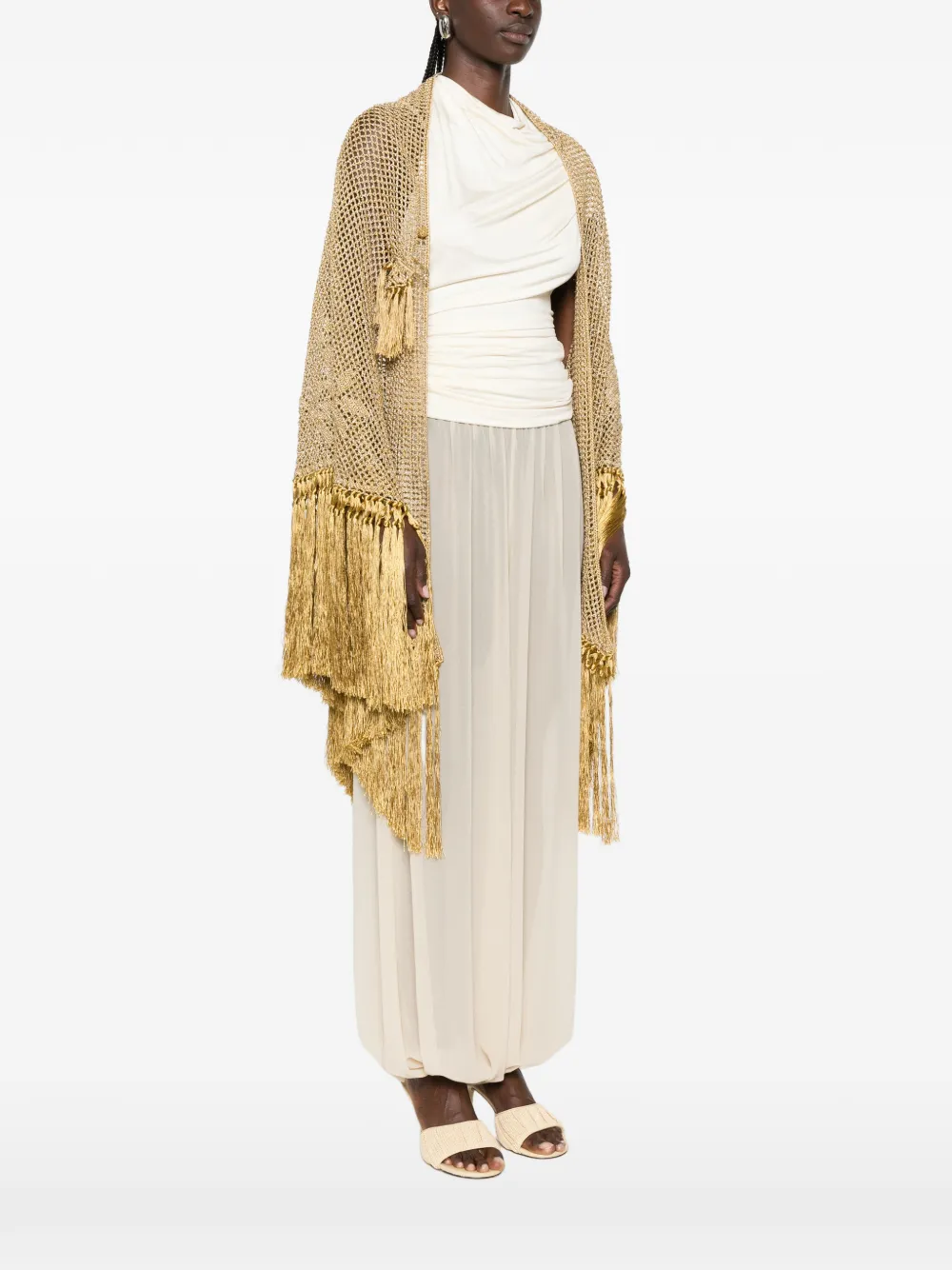 Chiara Is Scialle Mantella Rosa poncho met franje afwerking Goud