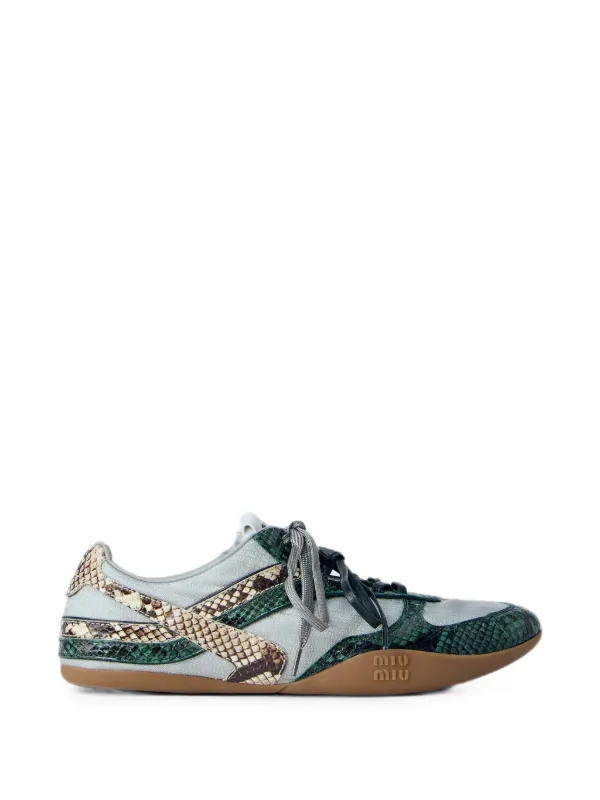 Miu Miu Snakeskin-effect Lace-up Sneakers in Green