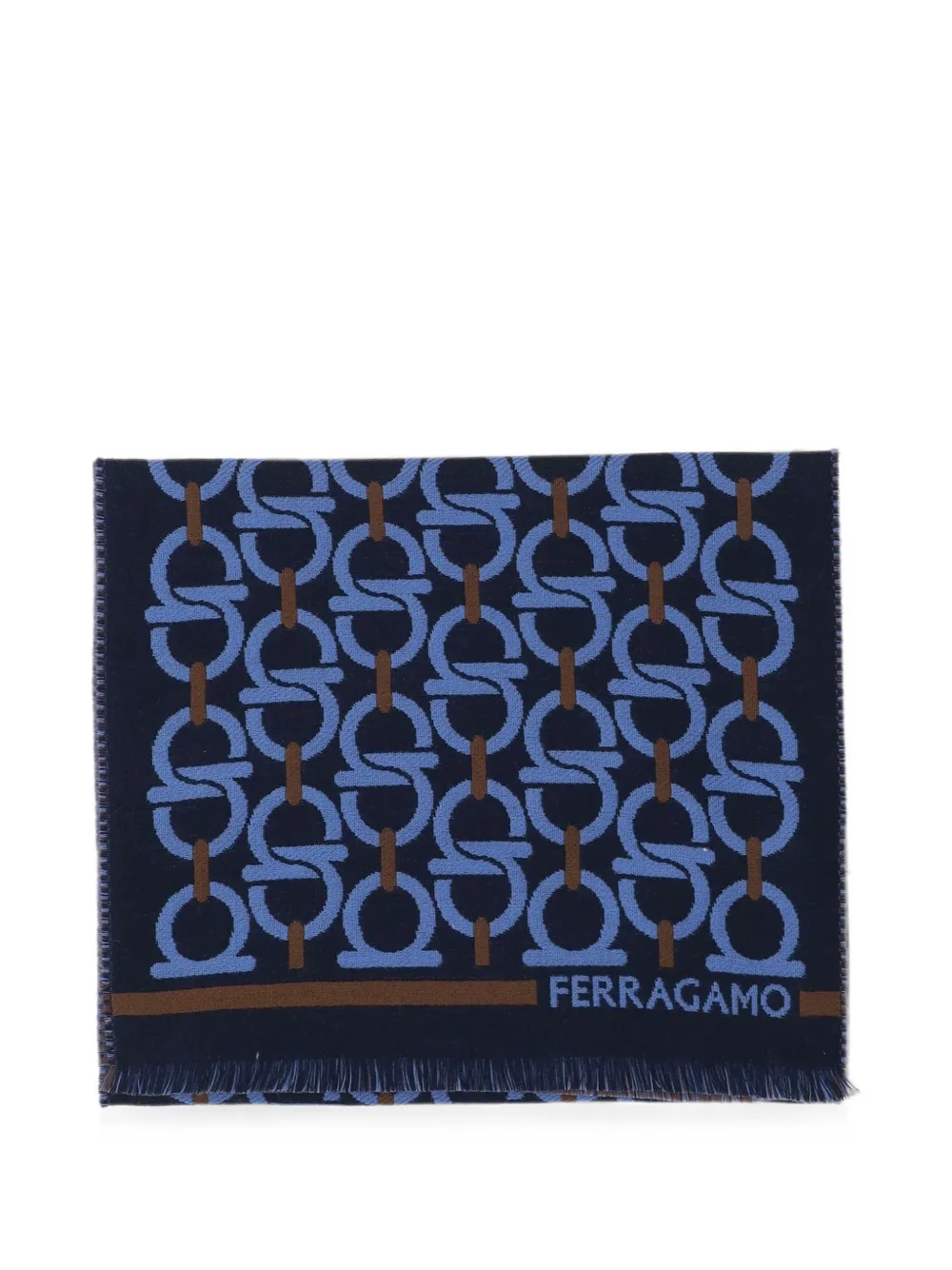 Ferragamo Gancini-pattern fringed scarf - Blu