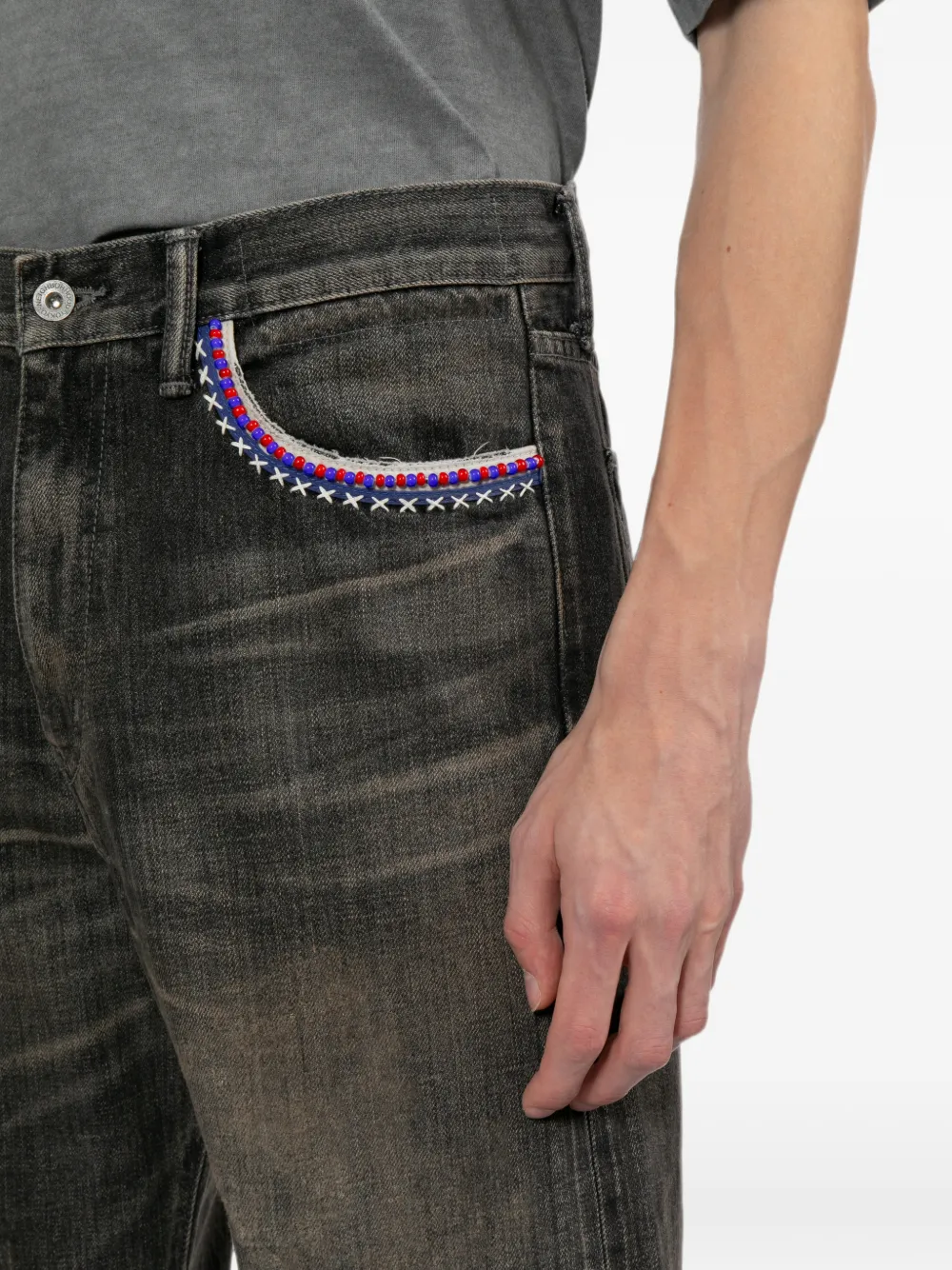 Neighborhood Gerafelde jeans met kralen Zwart