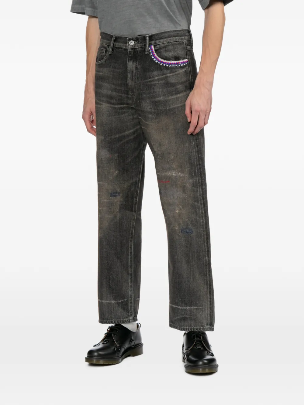 Neighborhood Gerafelde jeans met kralen Zwart
