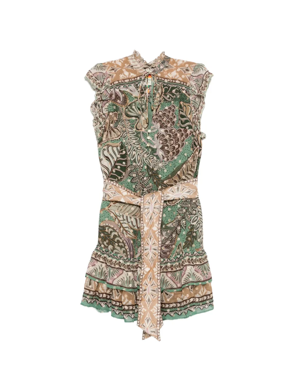 FARM Rio dotted-foliage ruffled-sleeve mini dress - Verde