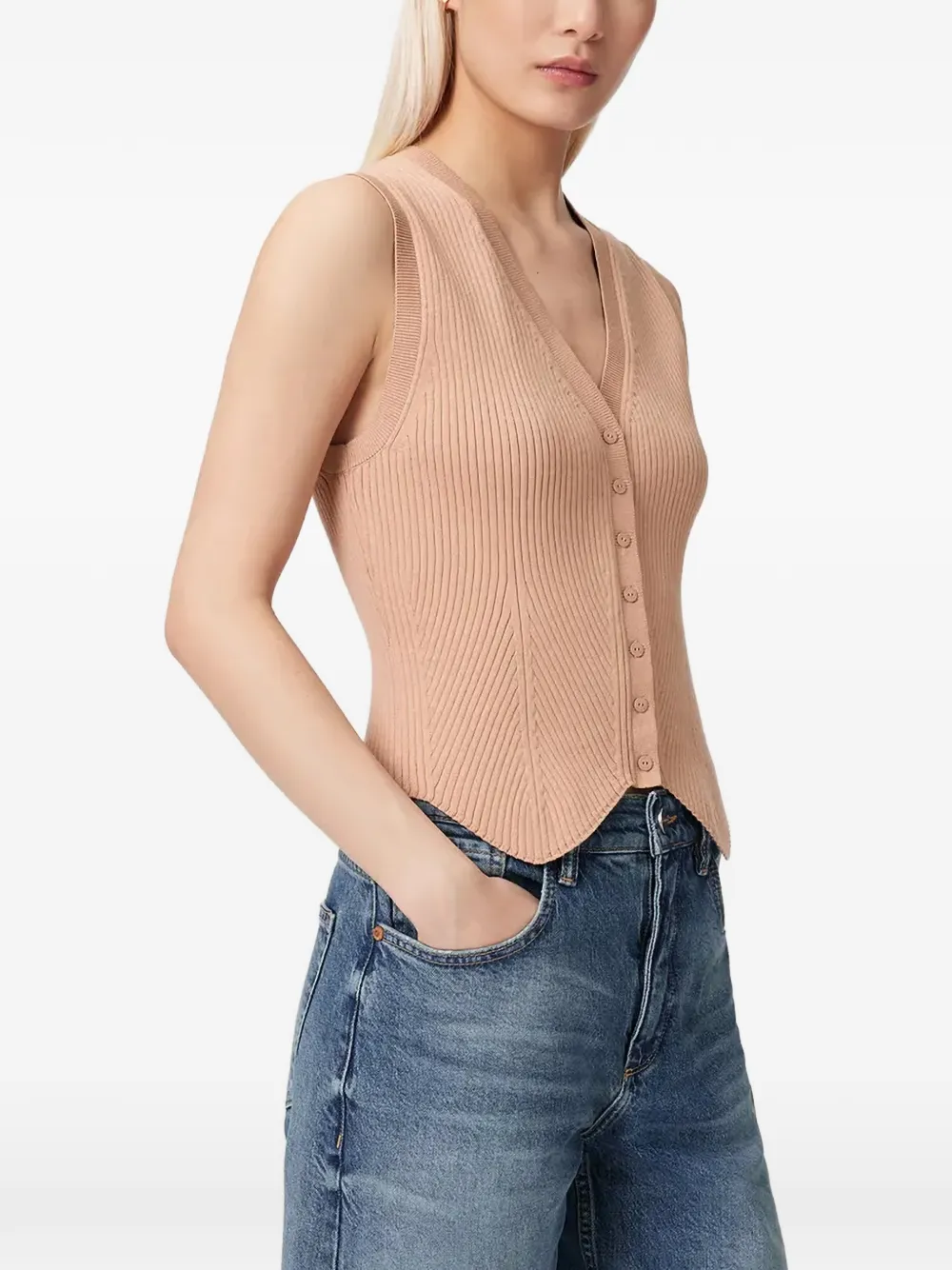 AllSaints Geripptes Cruz Strickoberteil mit V-Ausschnitt - Rosa