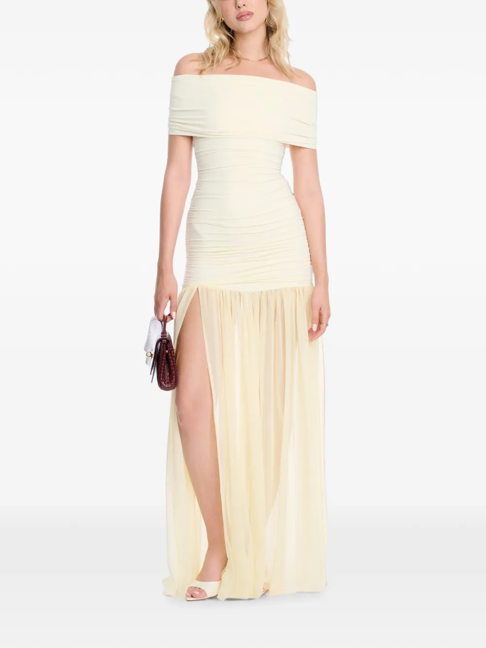 Axel 113 Selina Off-shoulder Ruched Maxi Dress In Neutral