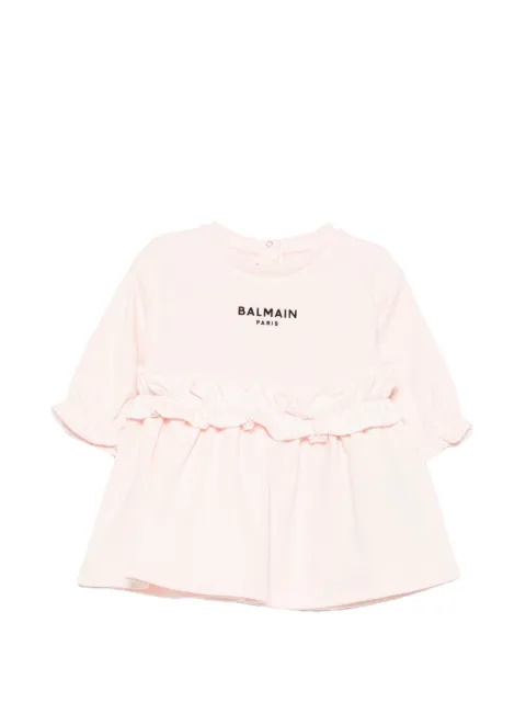 Balmain Kids vestido con ribete de volantes y logo estampado