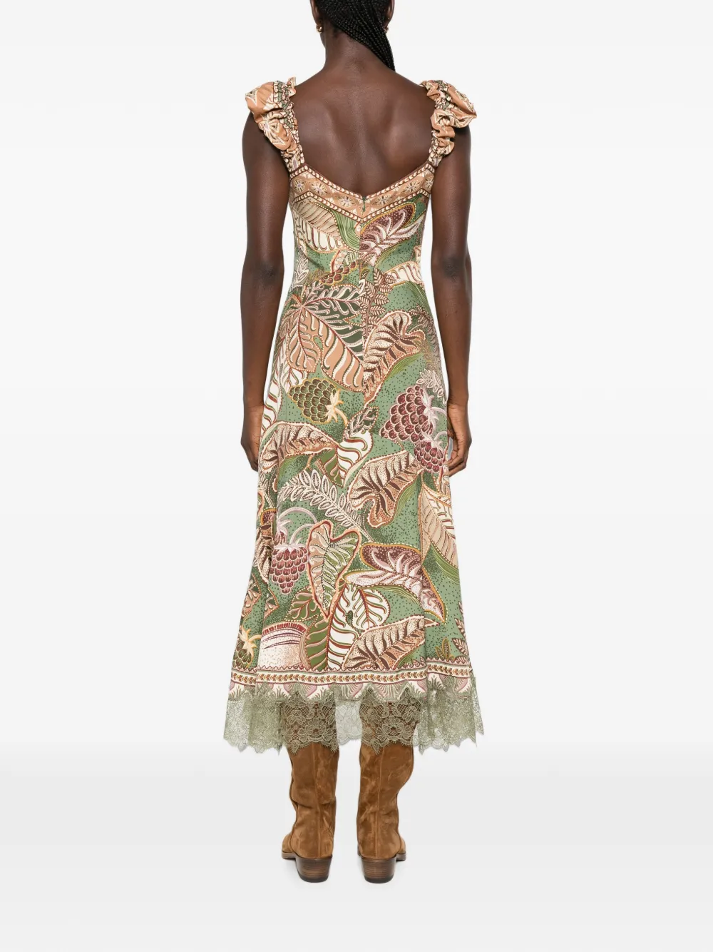 FARM Rio Midi-jurk met ruches en blader-print Groen