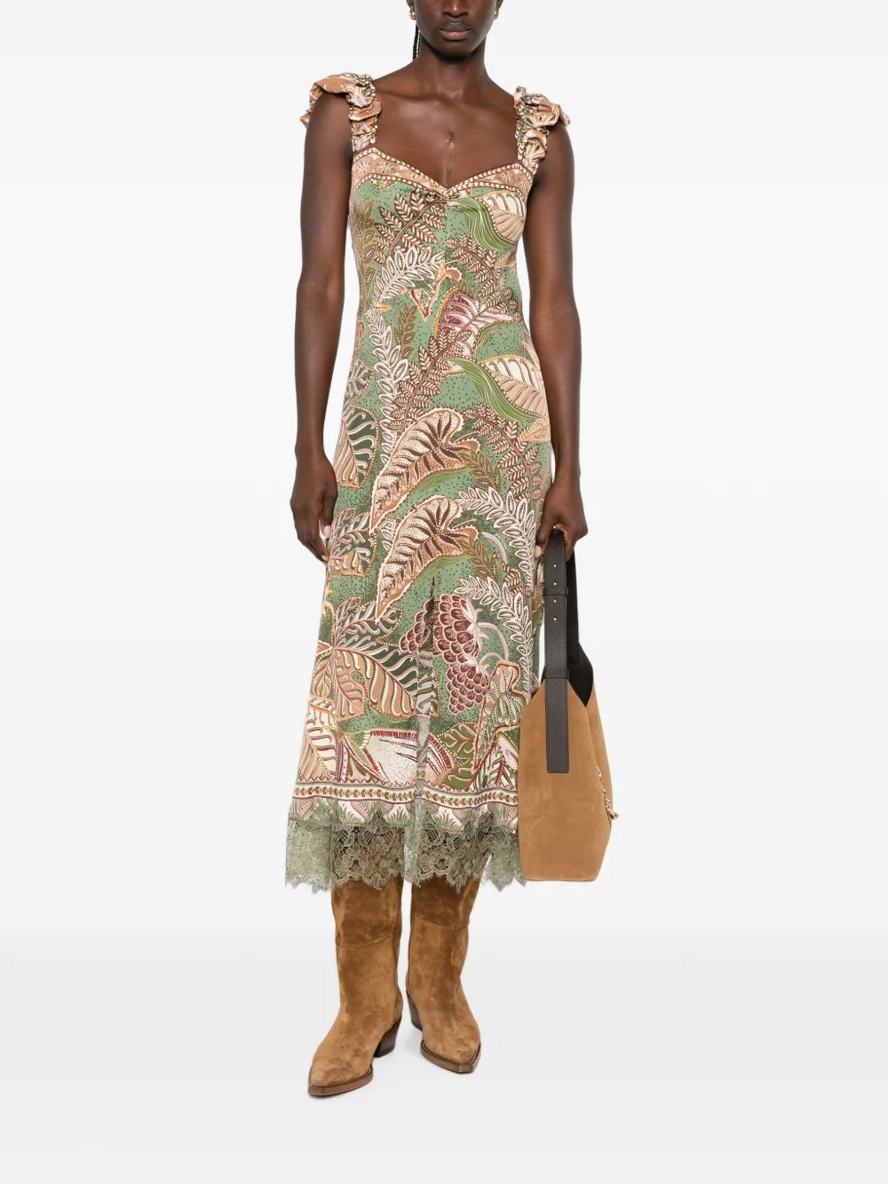 FARM Rio Midi-jurk met ruches en blader-print Groen