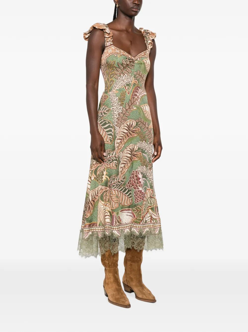 FARM Rio Midi-jurk met ruches en blader-print Groen
