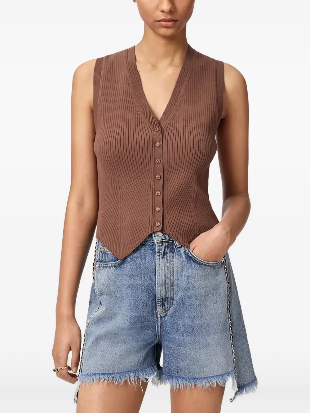 AllSaints Geripptes Cruz Strickoberteil mit V-Ausschnitt - Braun