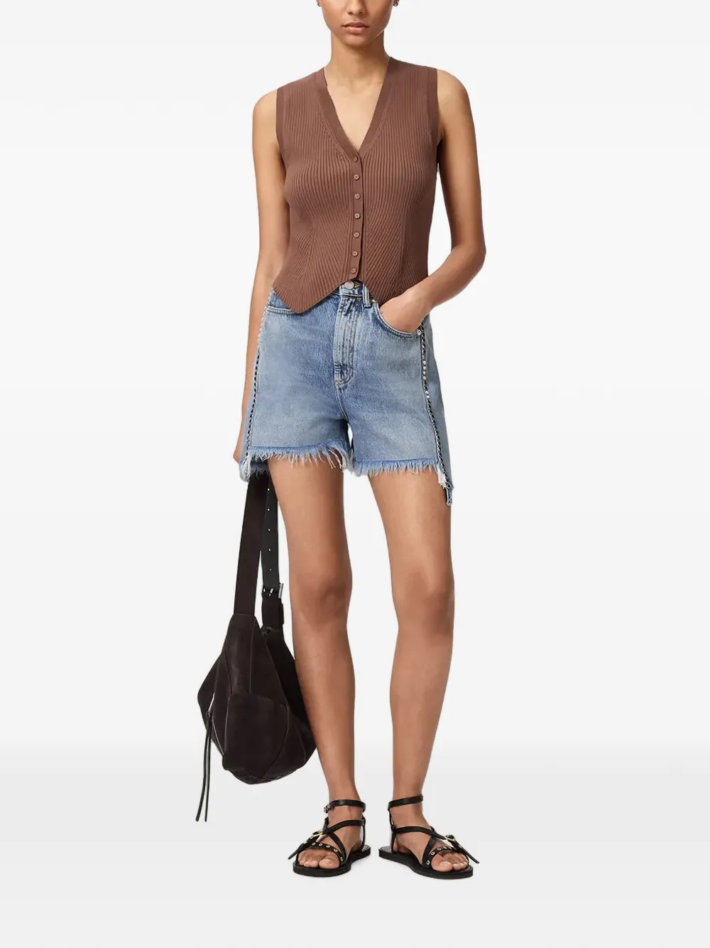 AllSaints Cruz ribgebreide top met V-hals Bruin