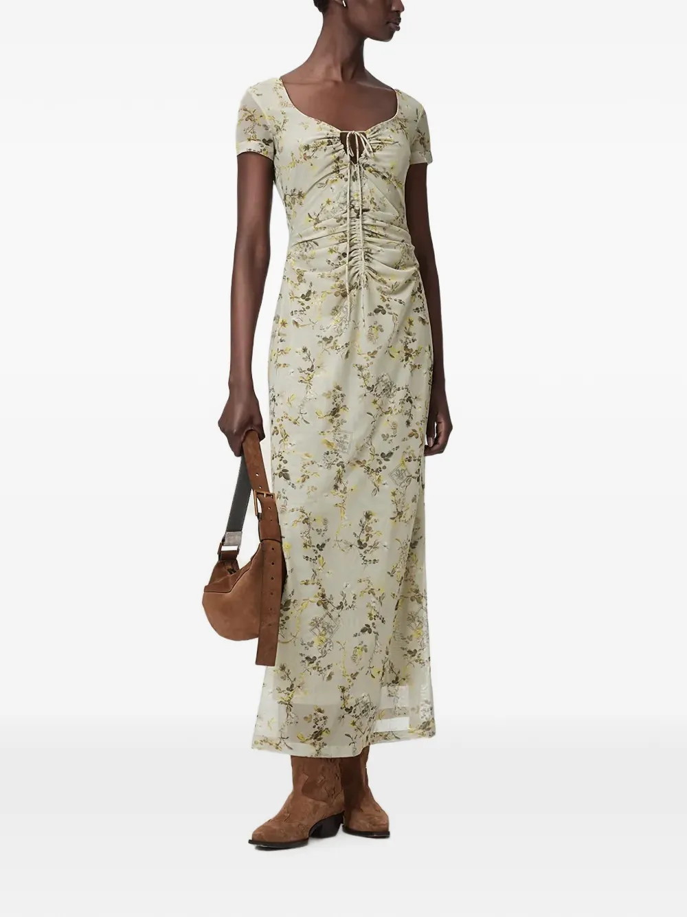 AllSaints Gabby midi-jurk met bloemen-print en ruches Groen