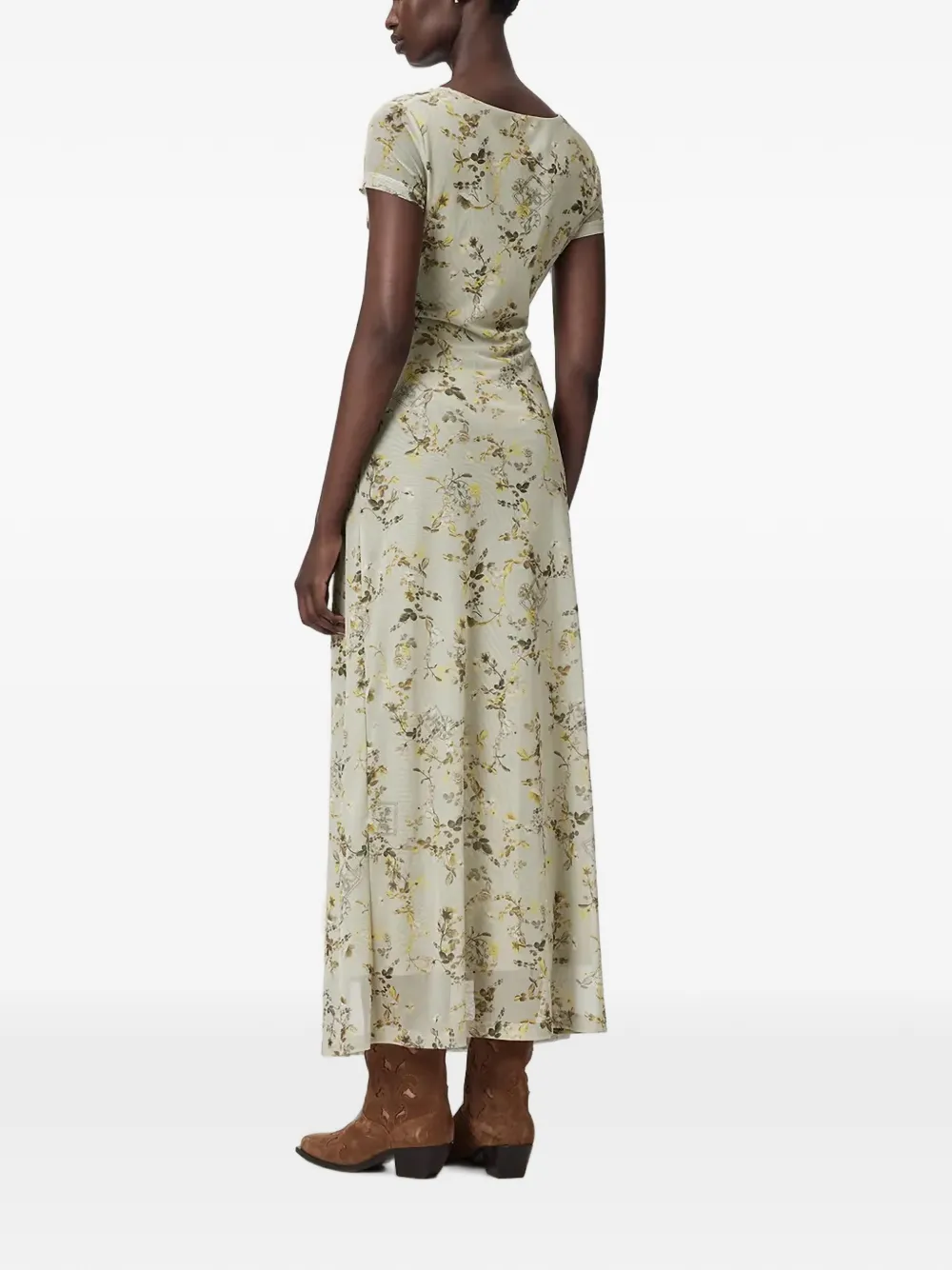 AllSaints Gabby midi-jurk met bloemen-print en ruches Groen