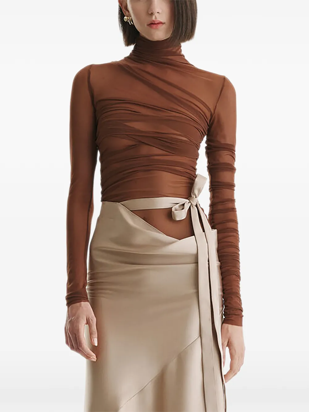 2310 STUDIO ruched sheer top - Marrone