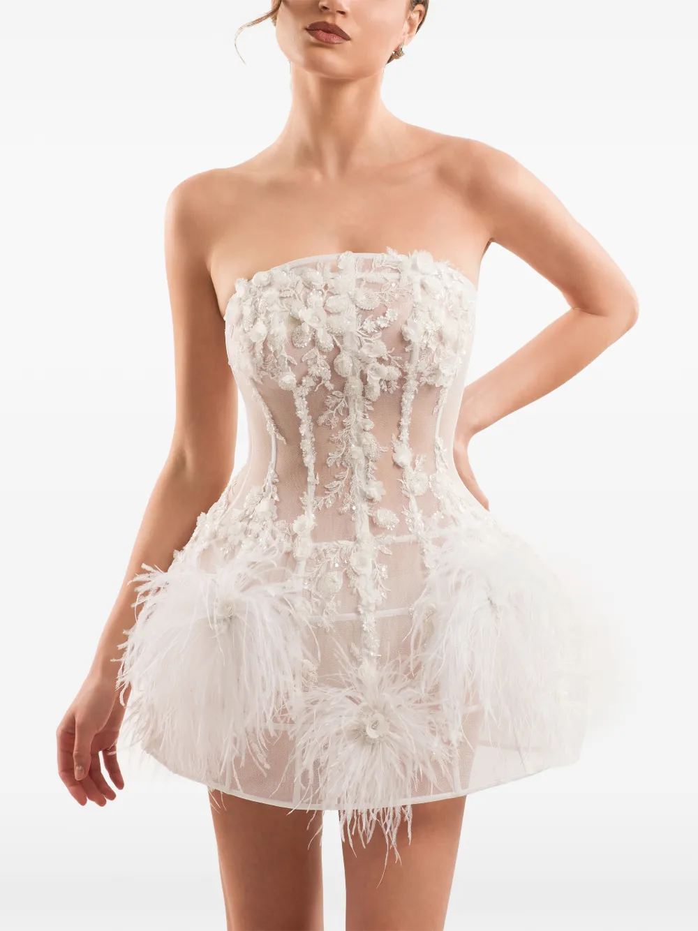 IMROSKA Imroska 29 feather-trim floral-appliqué mini dress - White