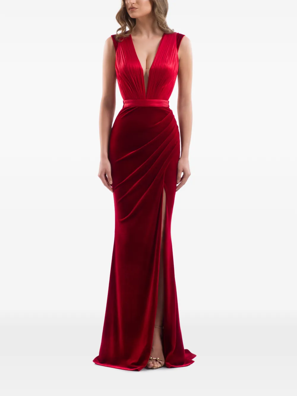 IMROSKA Gedrapeerde maxi-jurk met watervalhals Rood