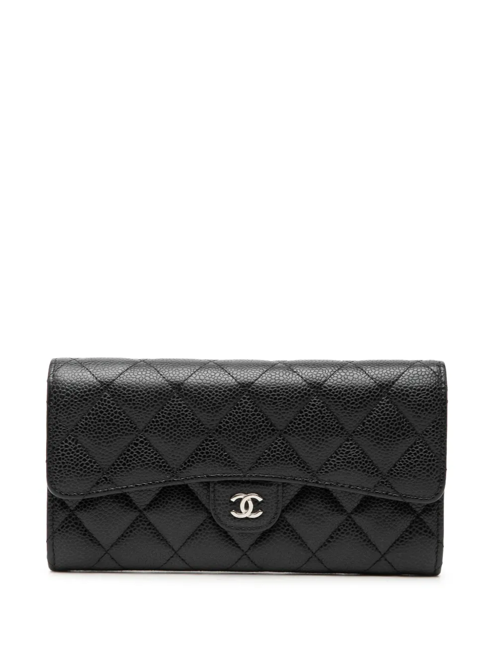Pre-owned Chanel 2021 Cc Quilted Caviar Classic Flap Wallet Long Wallets In Black