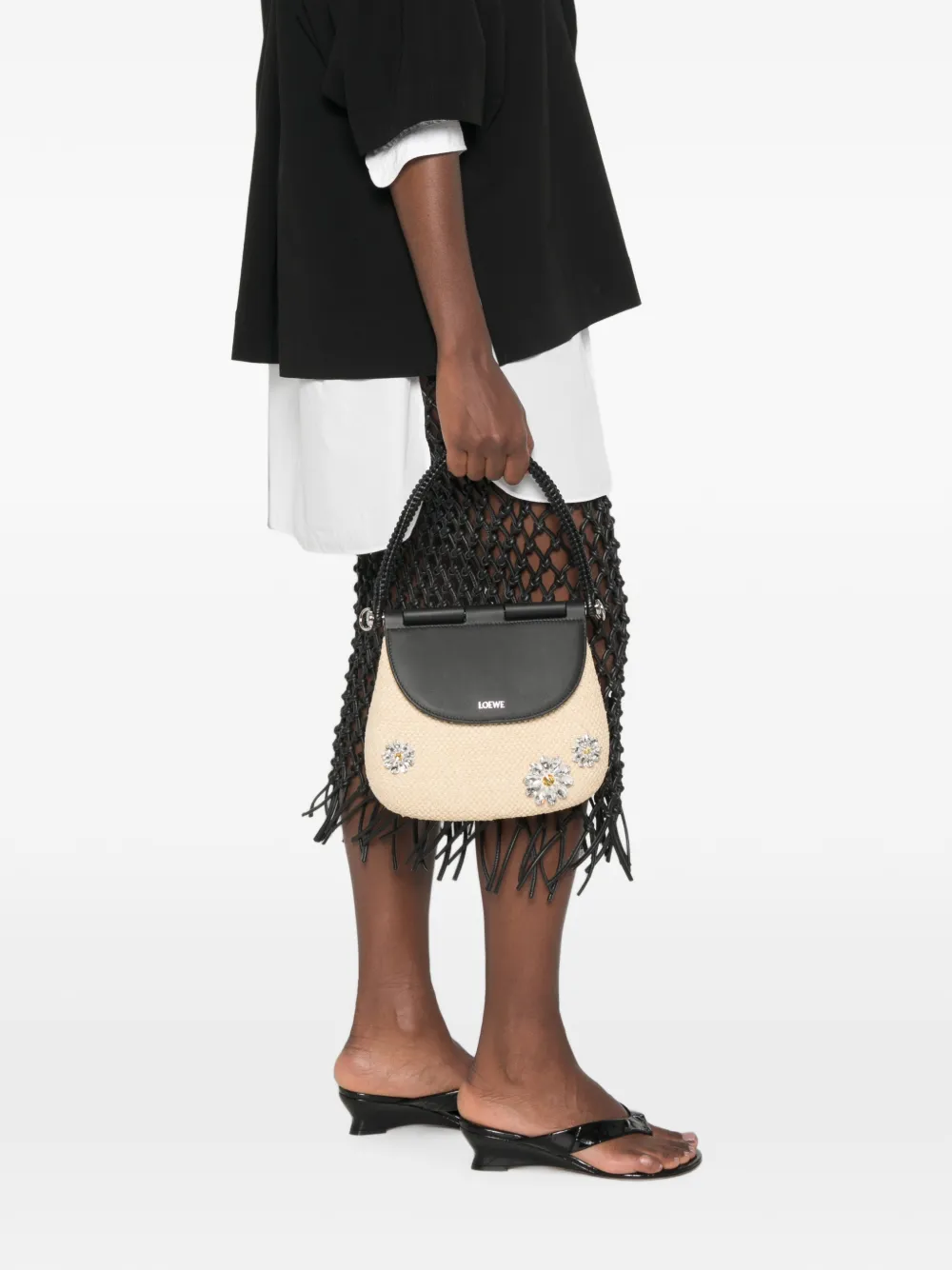 LOEWE Medium Pescador Crystal-embellished Tote Bag in Neutrals, view 2
