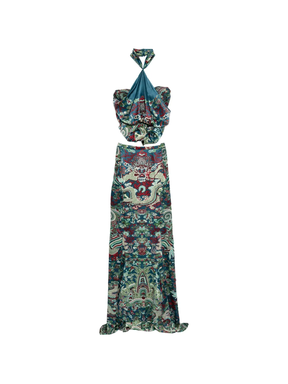 Saint Laurent Pre-Owned dragon-print halterneck dress - Blau