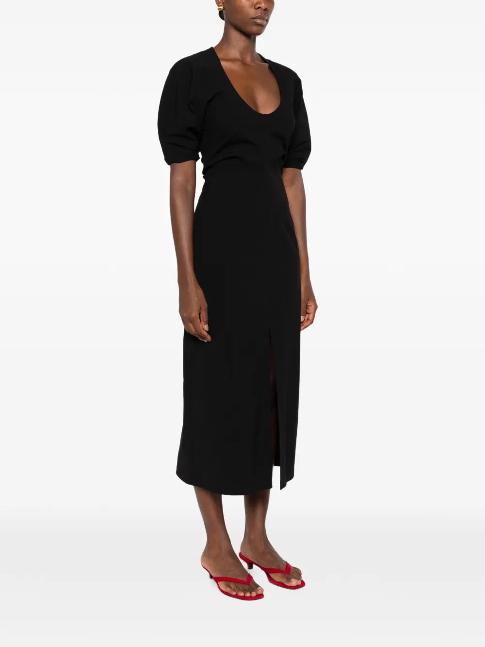 Proenza Schouler Midi-jurk met diepe ronde hals en pofmouwen Zwart