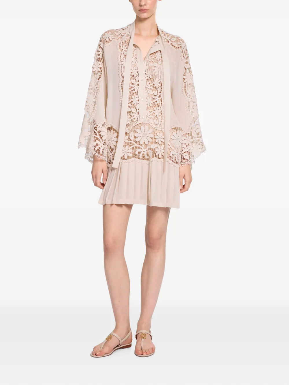 Elie Saab Geplooide mini-jurk met macramé afwerking Beige