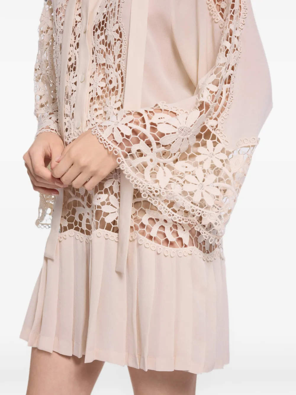 Elie Saab Geplooide mini-jurk met macramé afwerking Beige