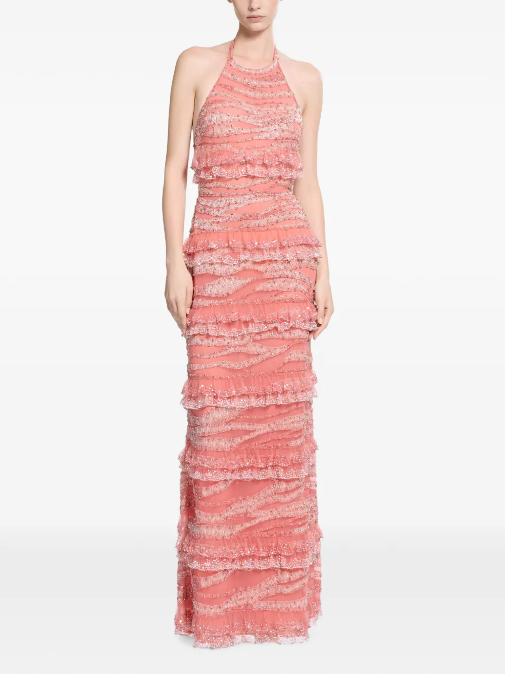 Elie Saab Maxi-jurk met geborduurde kralen en ruches Roze