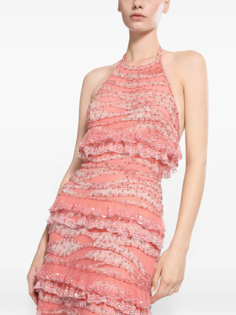 Elie Saab Maxi-jurk met geborduurde kralen en ruches Roze
