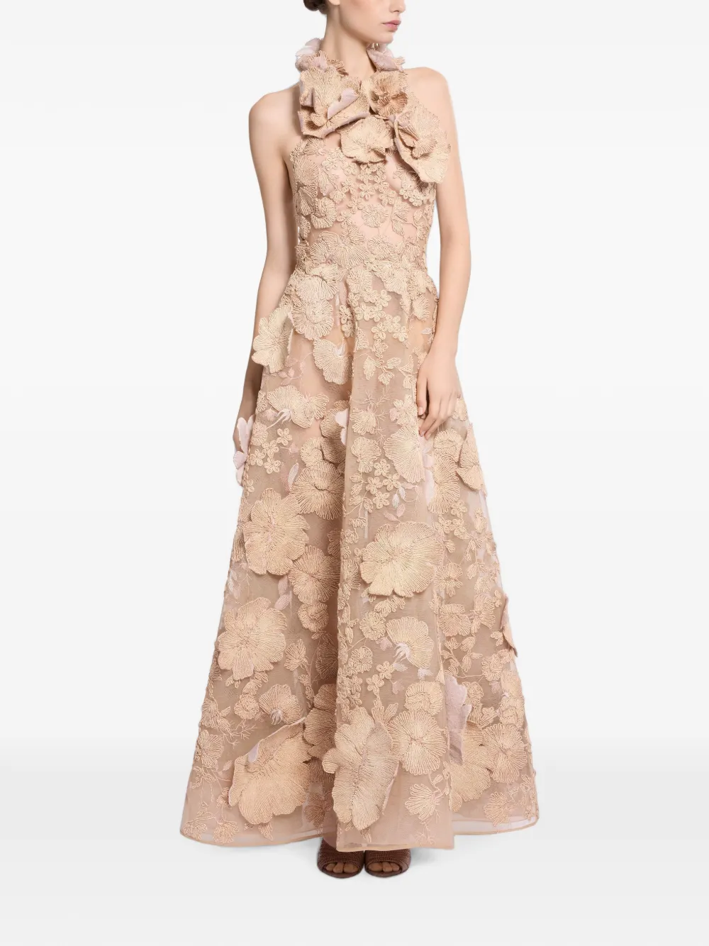 Elie Saab Tulen maxi-jurk met geborduurd raffia Beige
