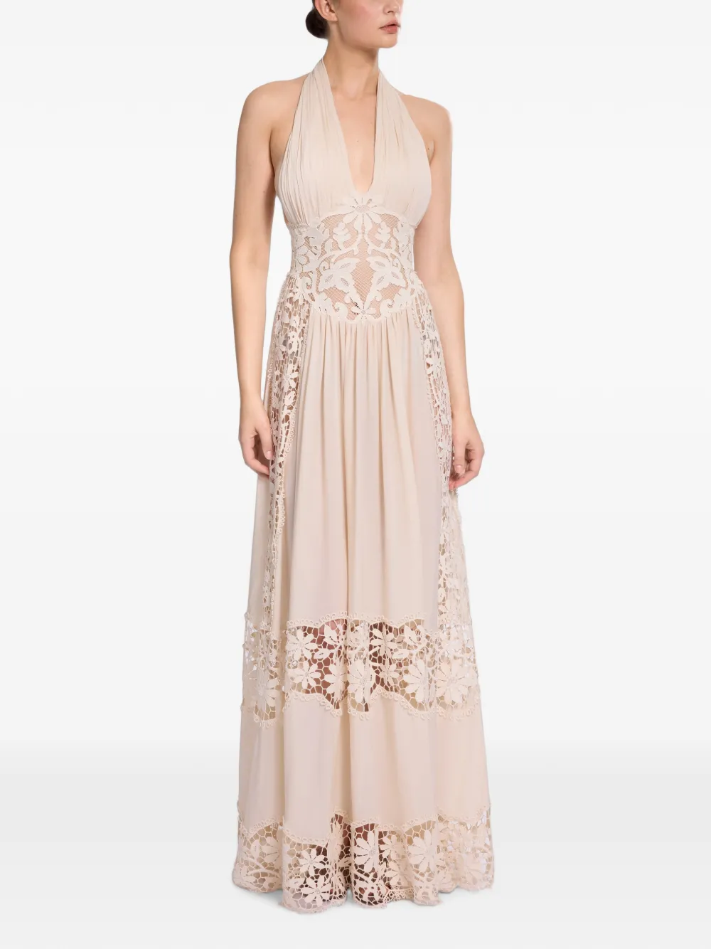 Elie Saab Maxi-jurk met halternek en macramé vlak Beige