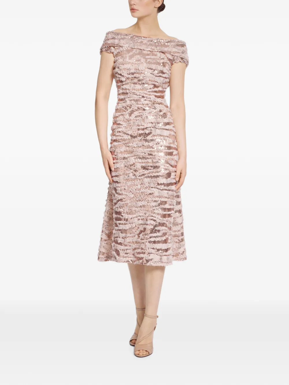 Elie Saab Midi-jurk verfraaid met pailletten en ruches Beige