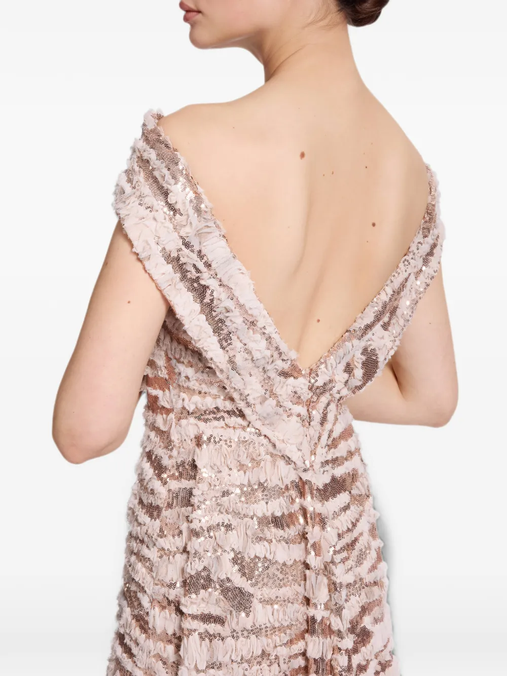 Elie Saab Midi-jurk verfraaid met pailletten en ruches Beige
