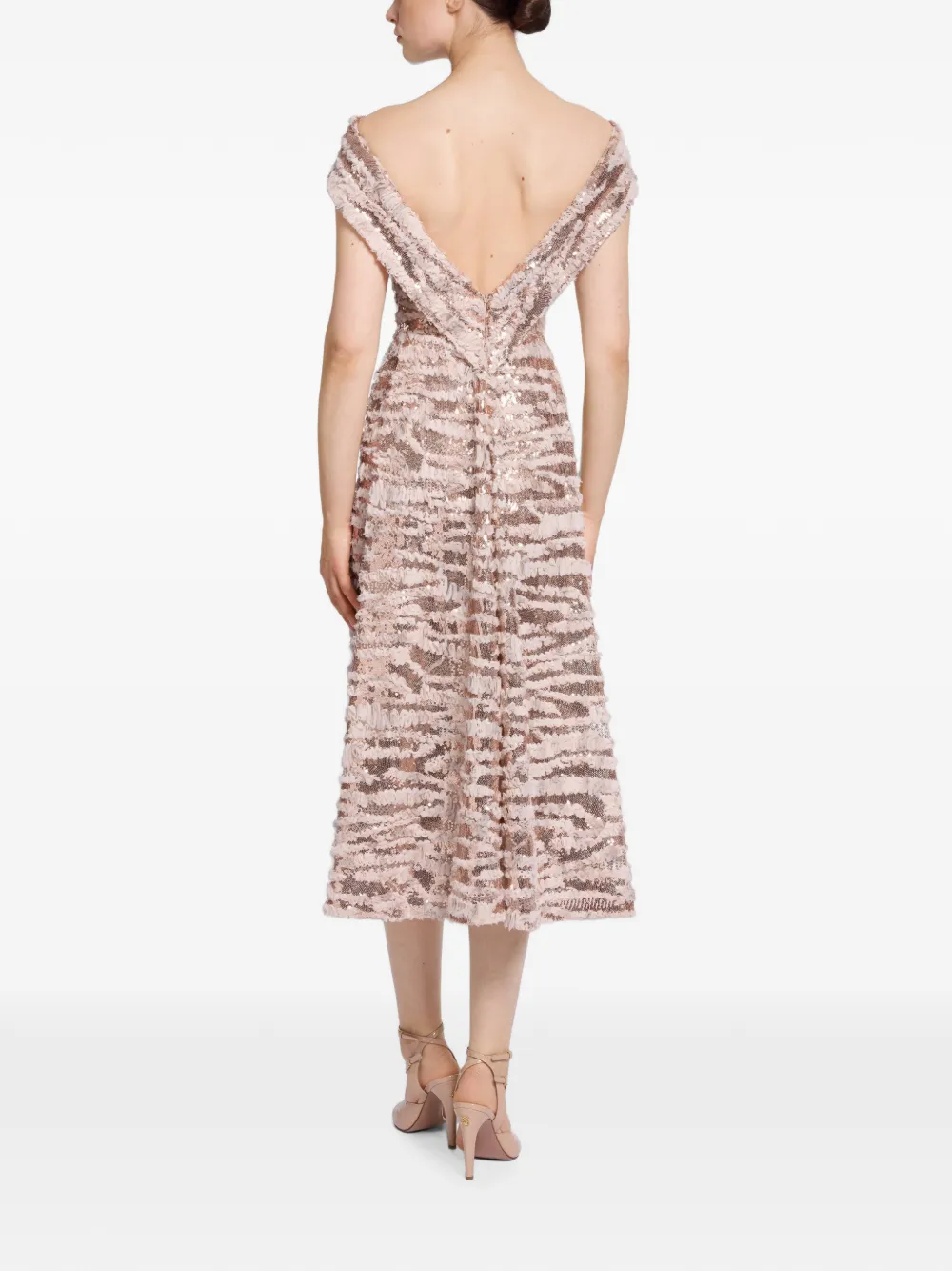 Elie Saab Midi-jurk verfraaid met pailletten en ruches Beige