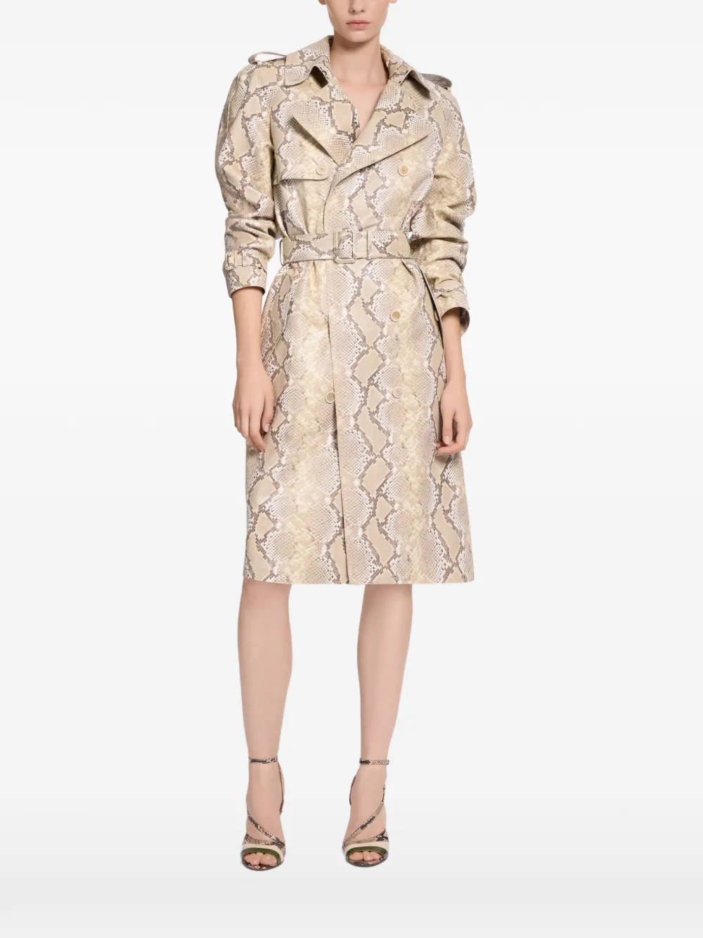 Elie Saab Trenchcoat met dubbele rij knopen en python-print Beige