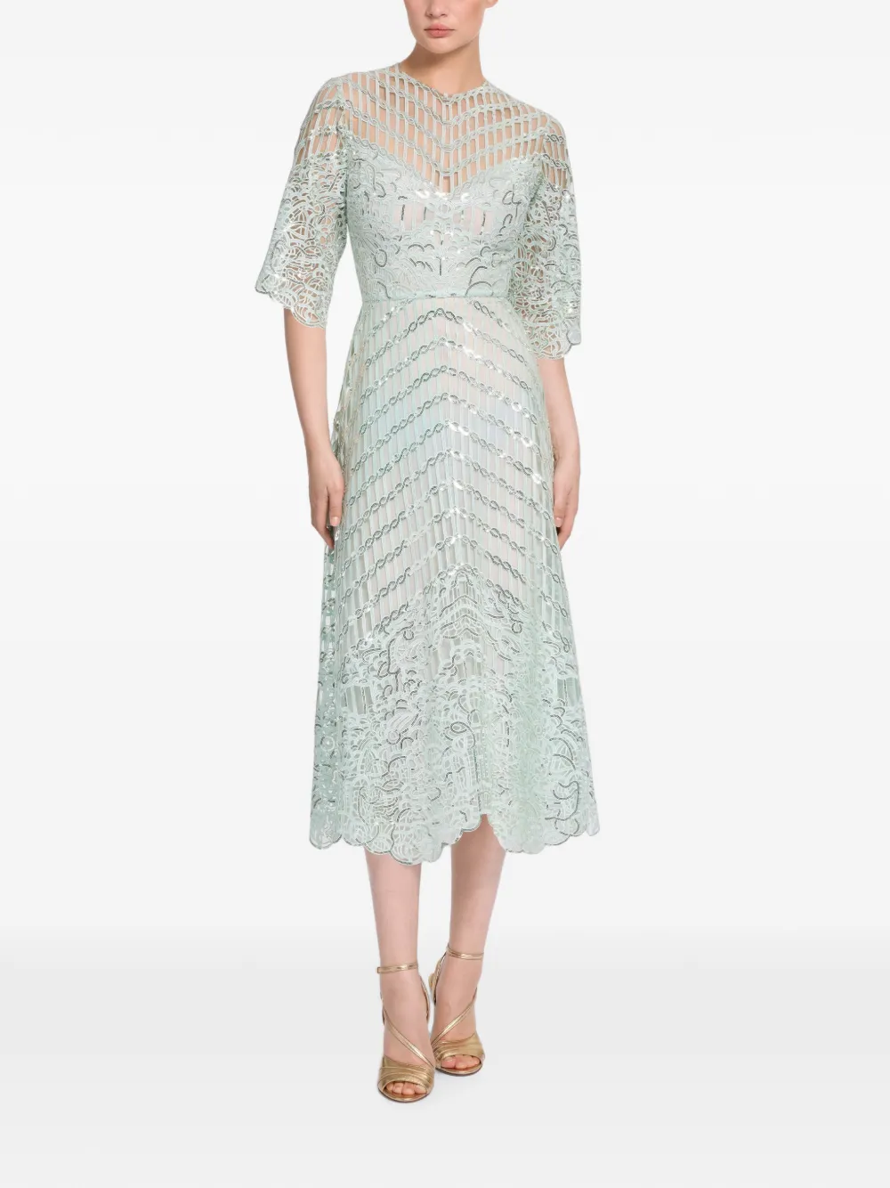 Elie Saab Midi-jurk verfraaid met pailletten en kant Groen