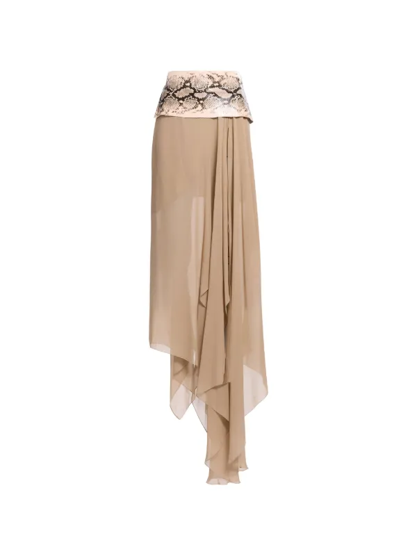 Elie Saab Python-print Draped Maxi Skirt in Neutrals