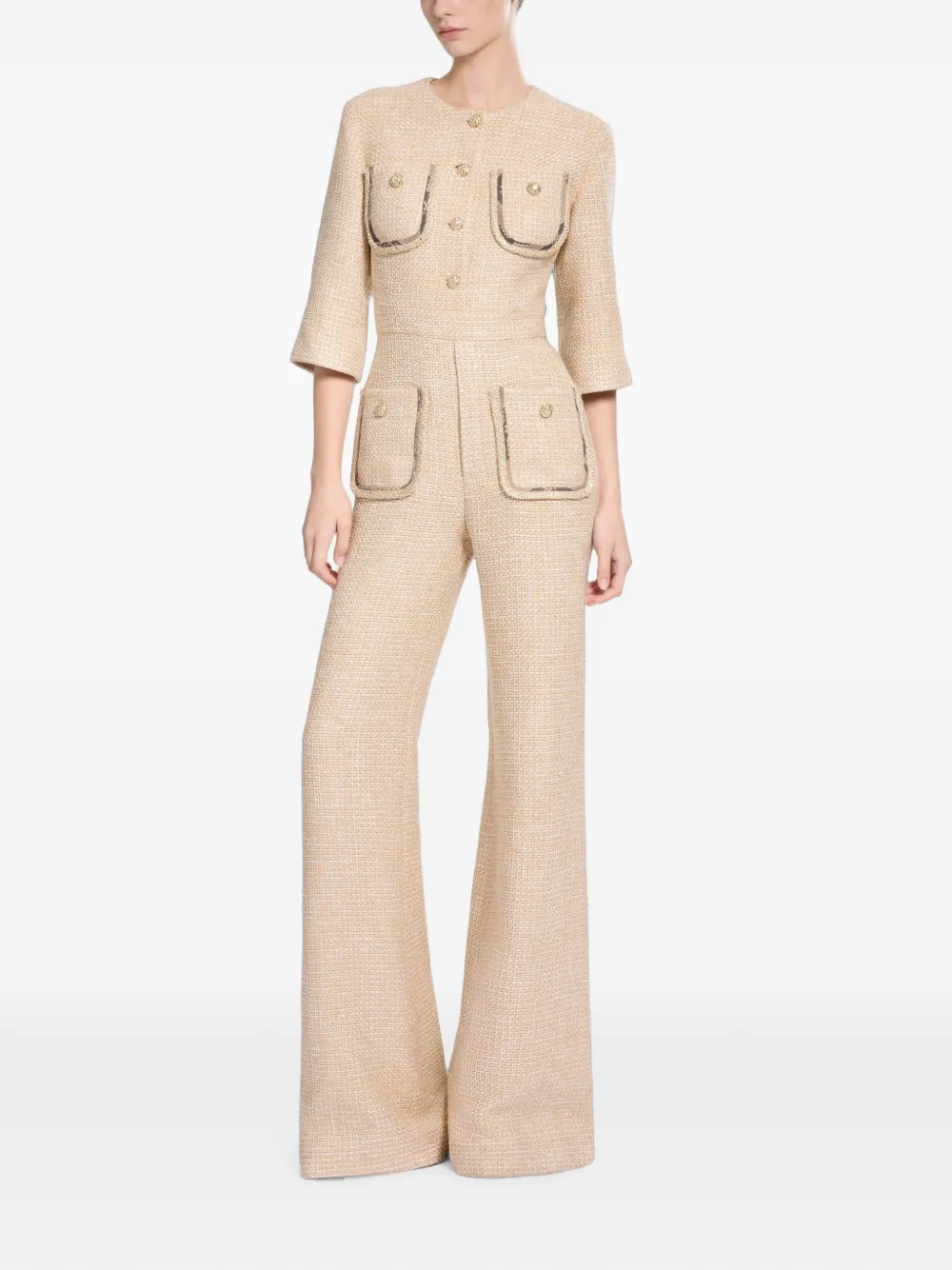 Elie Saab Tweed jumpsuit met pythonprint Beige