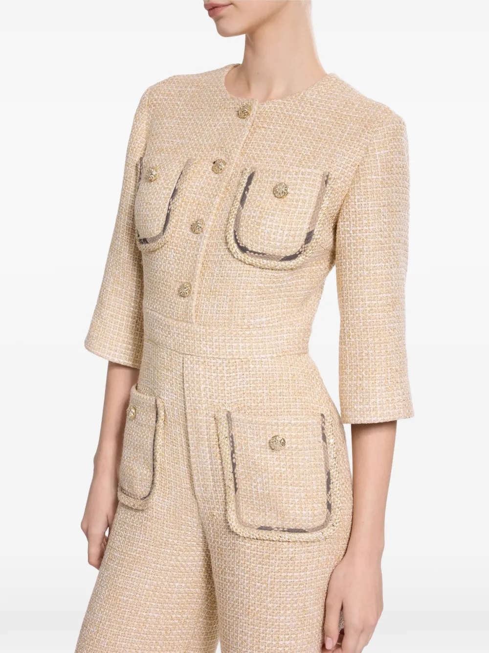 Elie Saab Tweed jumpsuit met pythonprint Beige