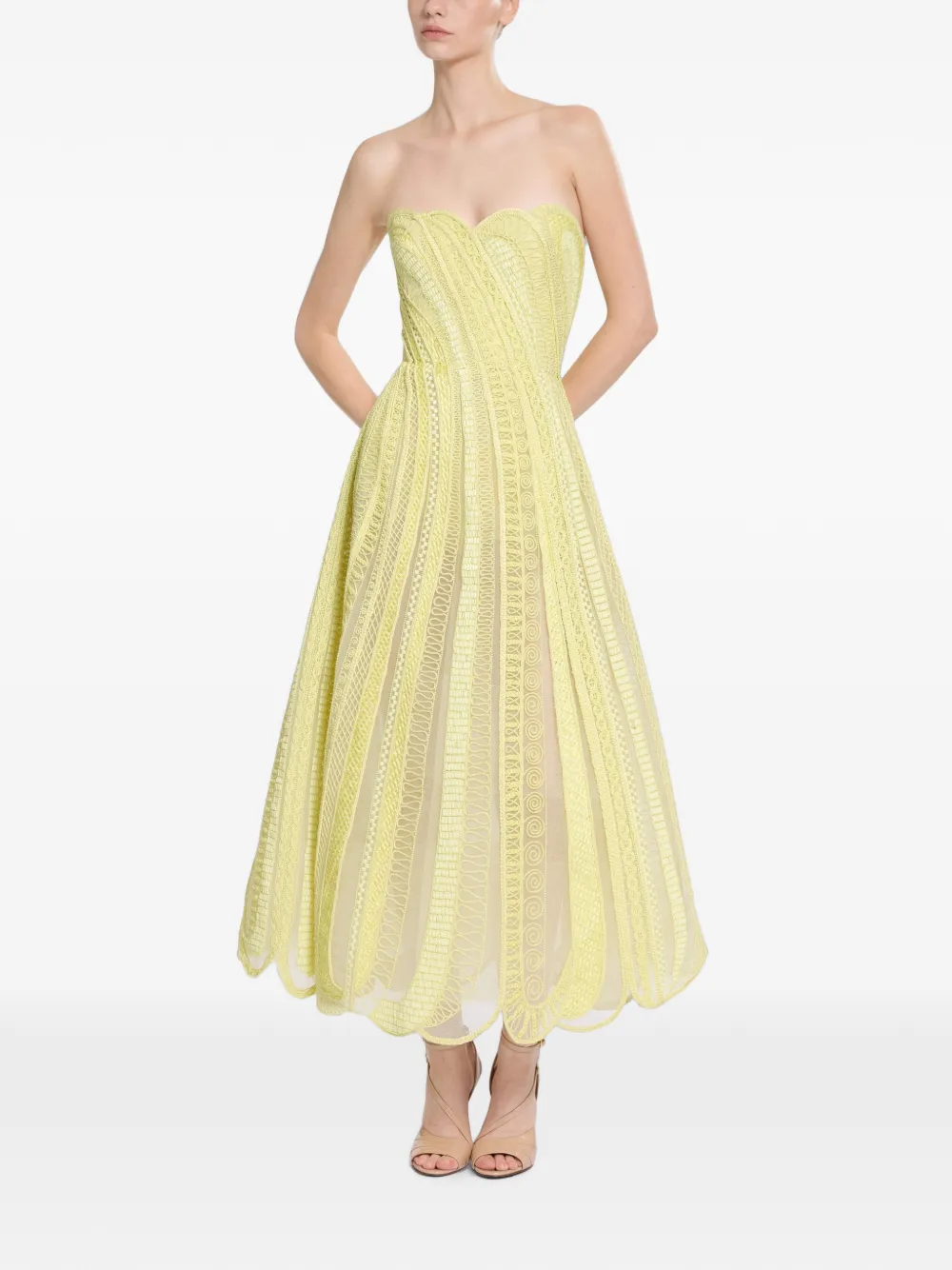 Elie Saab Strapless midi-jurk Geel