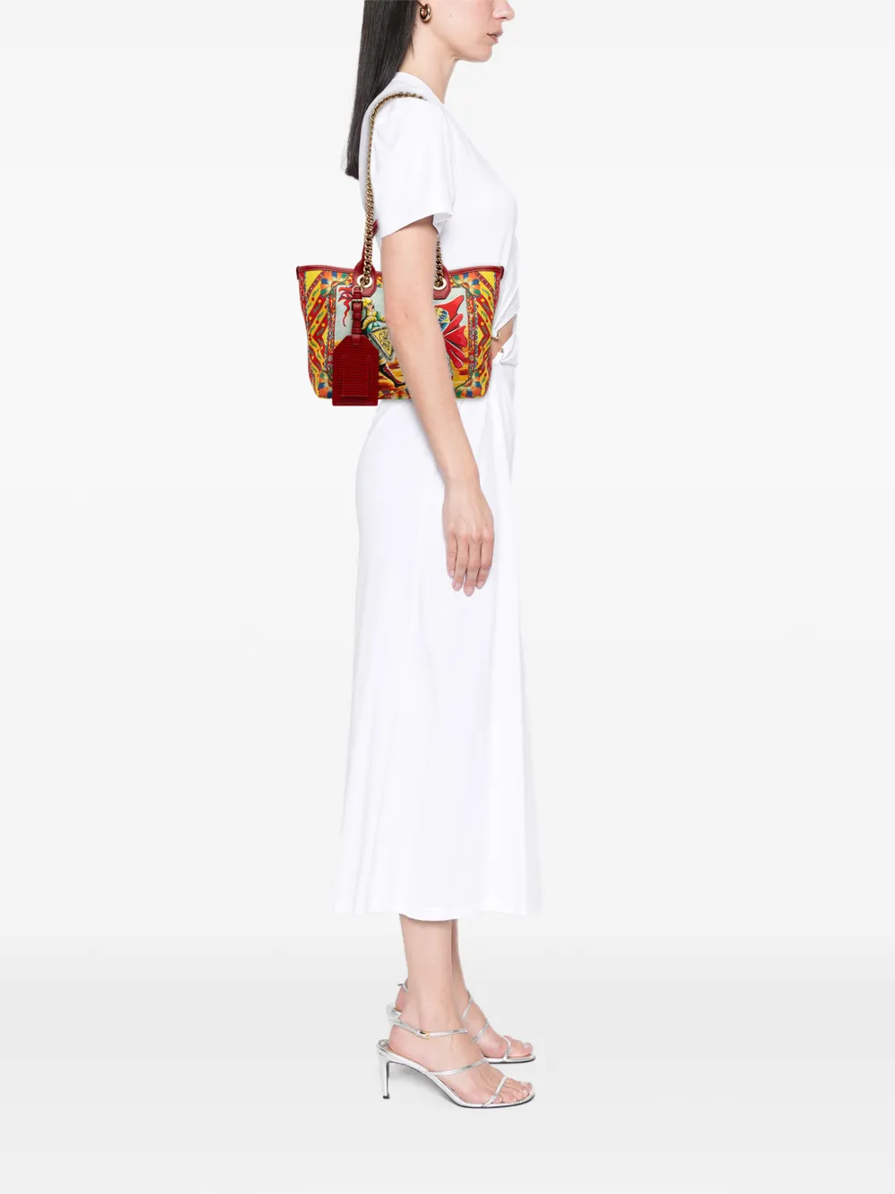  Dolce & Gabbana Pre-owned 2000-2026 Snakeskin Embossed Leather Trimmed Canvas Carretto Print Capri Tote Satchel - Multicolor 