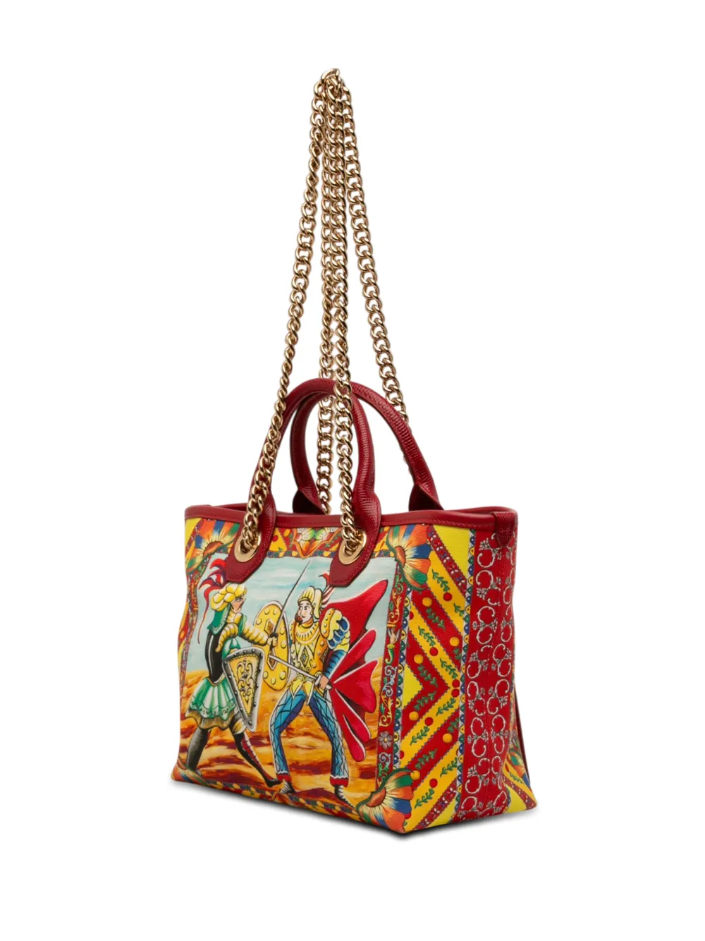  Dolce & Gabbana Pre-owned 2000-2026 Snakeskin Embossed Leather Trimmed Canvas Carretto Print Capri Tote Satchel - Multicolor 