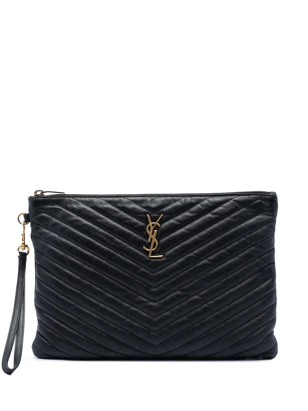 Saint Laurent Pre-Owned 2015 Chevron Calfskin Monogram Zip A4 Pouch clutch bag - Schwarz