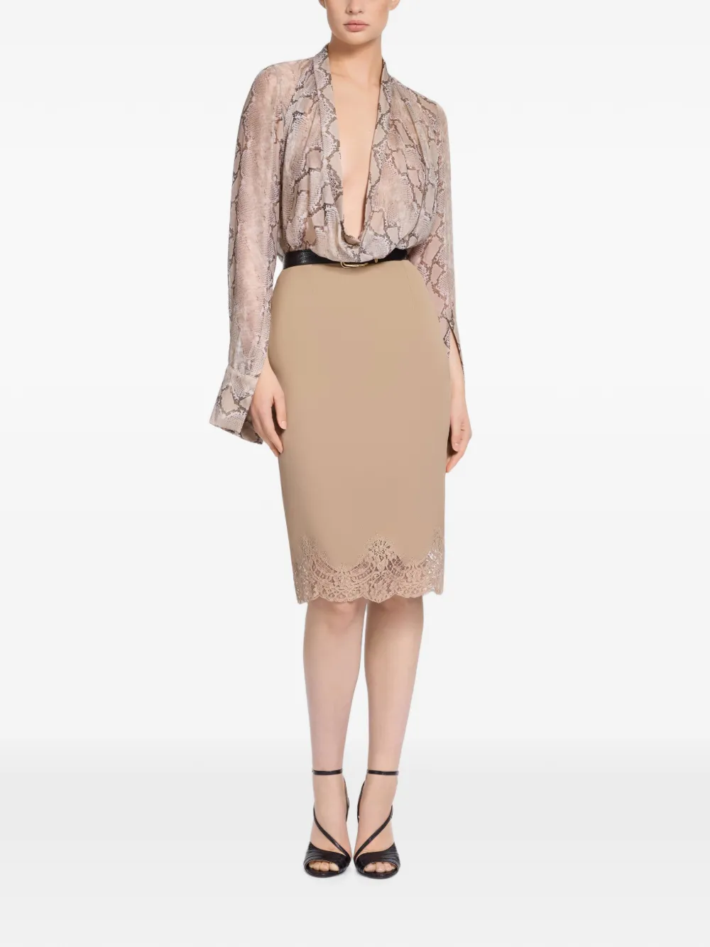 Elie Saab Midi kokerrok met kanten afwerking Beige