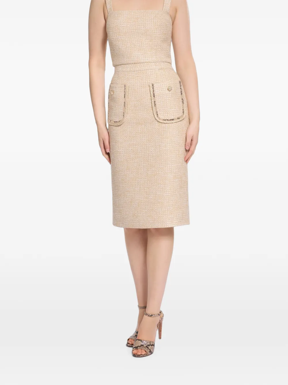Elie Saab Tweed midi-rok met pythonprint Beige