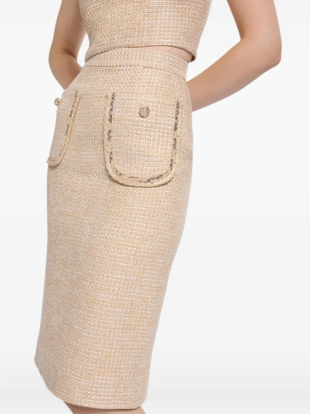 Elie Saab Tweed midi-rok met pythonprint Beige