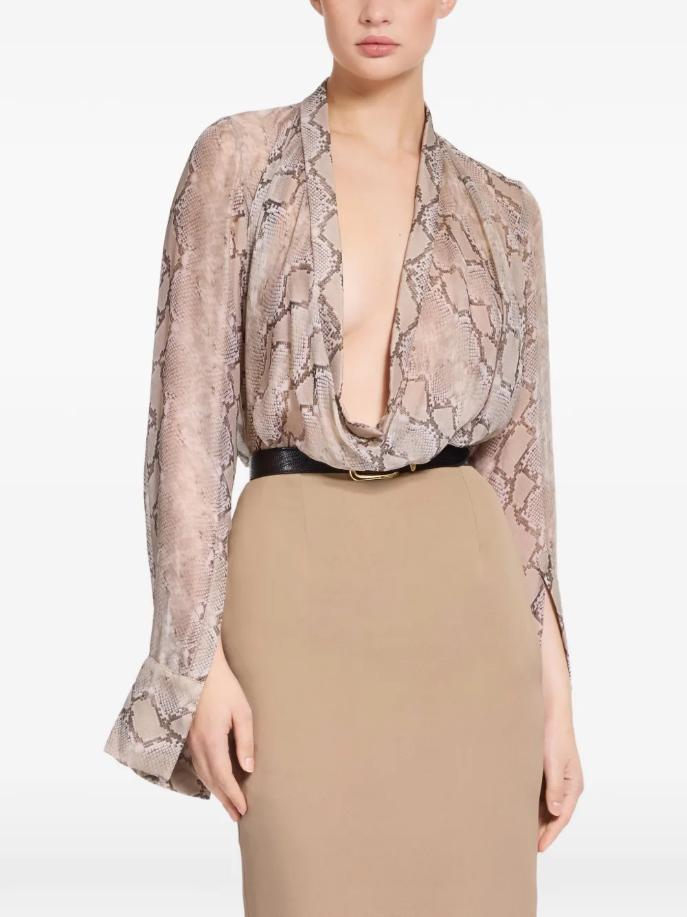 Elie Saab Gedrapeerde blouse met pythonprint Beige
