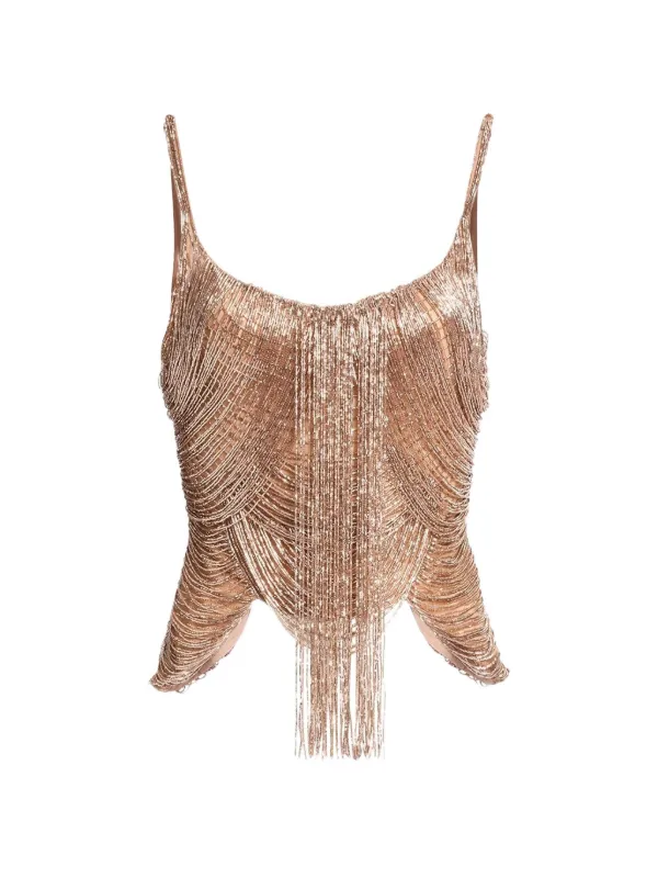 Elie Saab Bead-embroidered Fringed Top in Gold