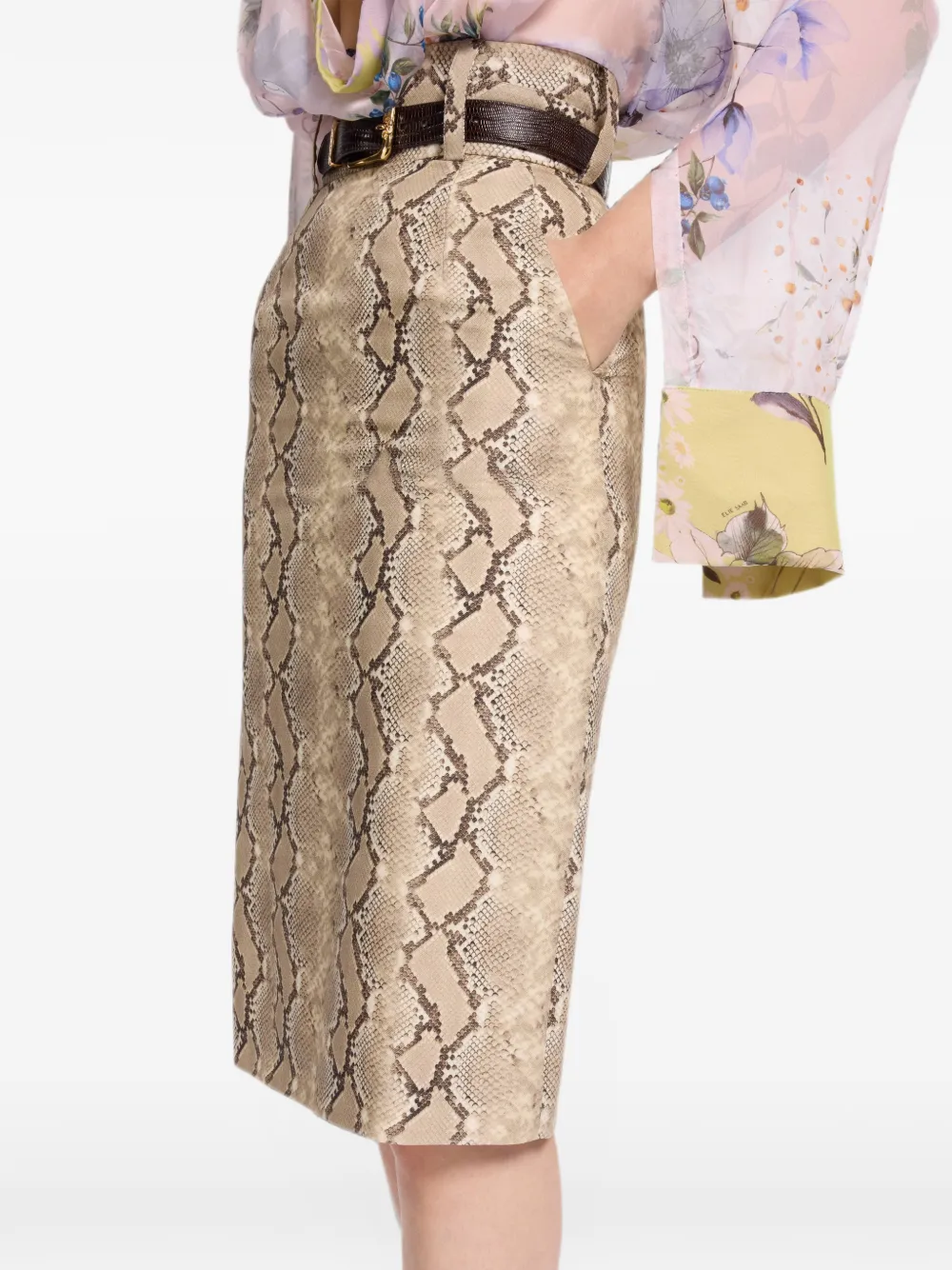 Elie Saab Midi-rok met pythonprint en riemlussen Beige